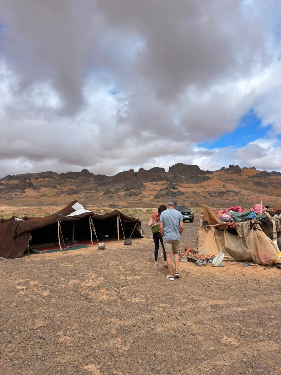 Travellers arriving at a nomad family’s tents at the foot of the mountains
