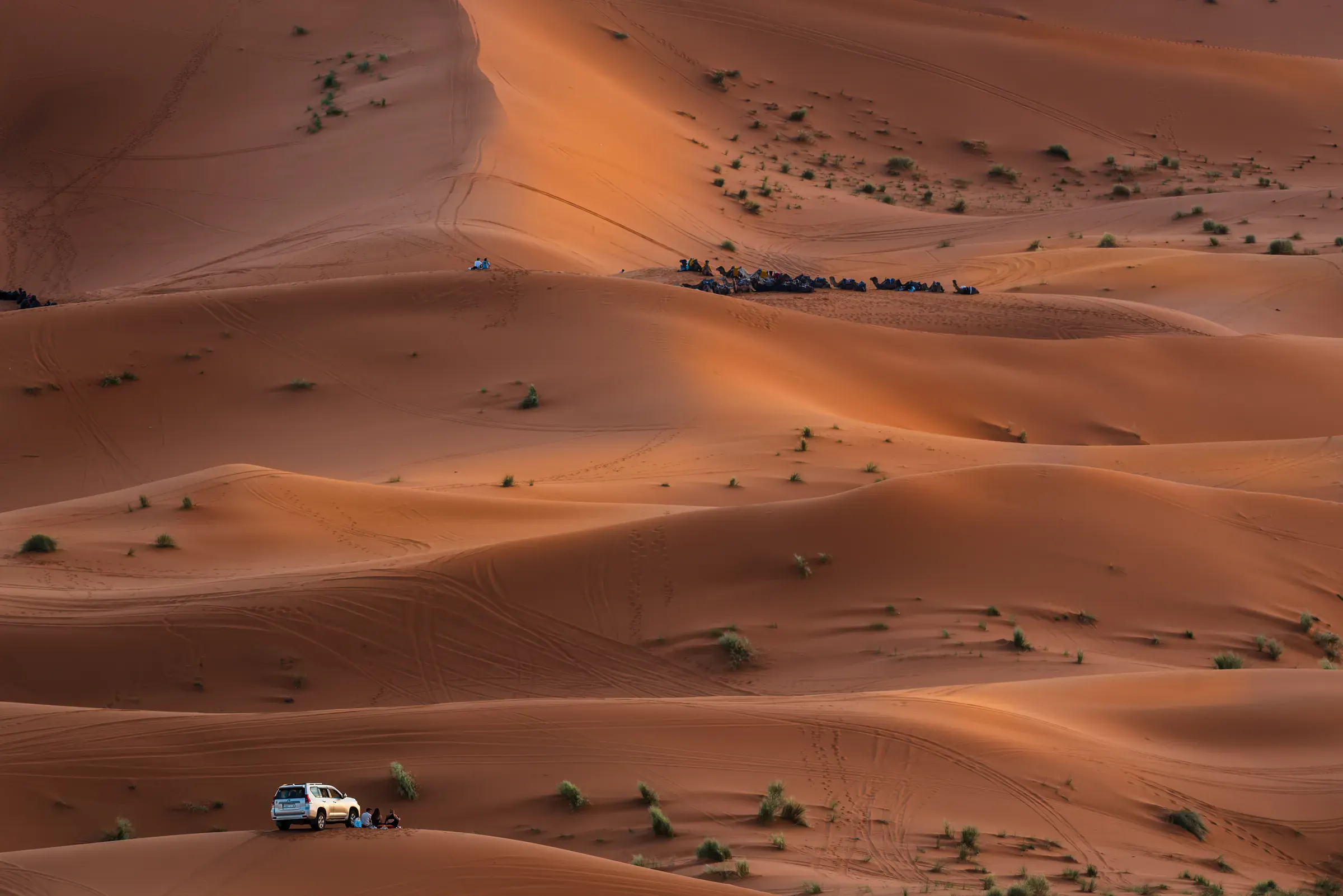 Un fuoristrada tra le dune di Merzouga al tramonto